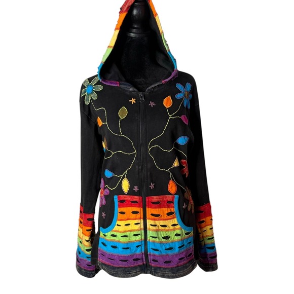 Rising International Rainbow Hoodie Womens M Floral Hippie BOHO Distressed Pride - Picture 1 of 11